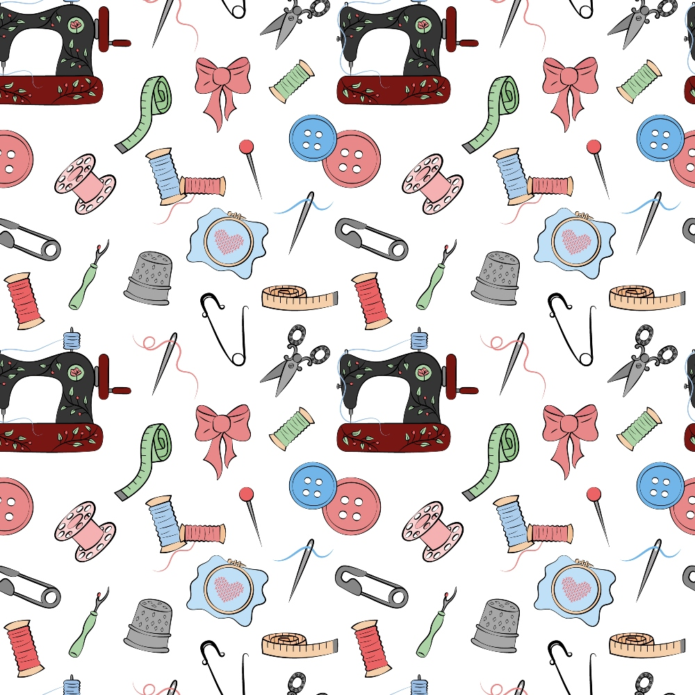 sewing tools, quilting cotton, fabric panel, repeating pattern, sewing machine, scissors, buttons, thread spools, thimble, safety pins, measuring tape, seam ripper, pink bow, blue buttons, red thread, green tape measure, craft supplies, sewing notions, white background, colorful accents