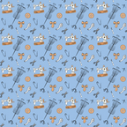 light blue background, sewing machine, yarn ball, scissors, safety pins, buttons, bow ties, measuring tape, sewing tools, craft supplies,, fabric panel, repeating pattern, vintage sewing, crafting theme, pastel colors, orange accents, white details, seamstress pattern, hobby fabric