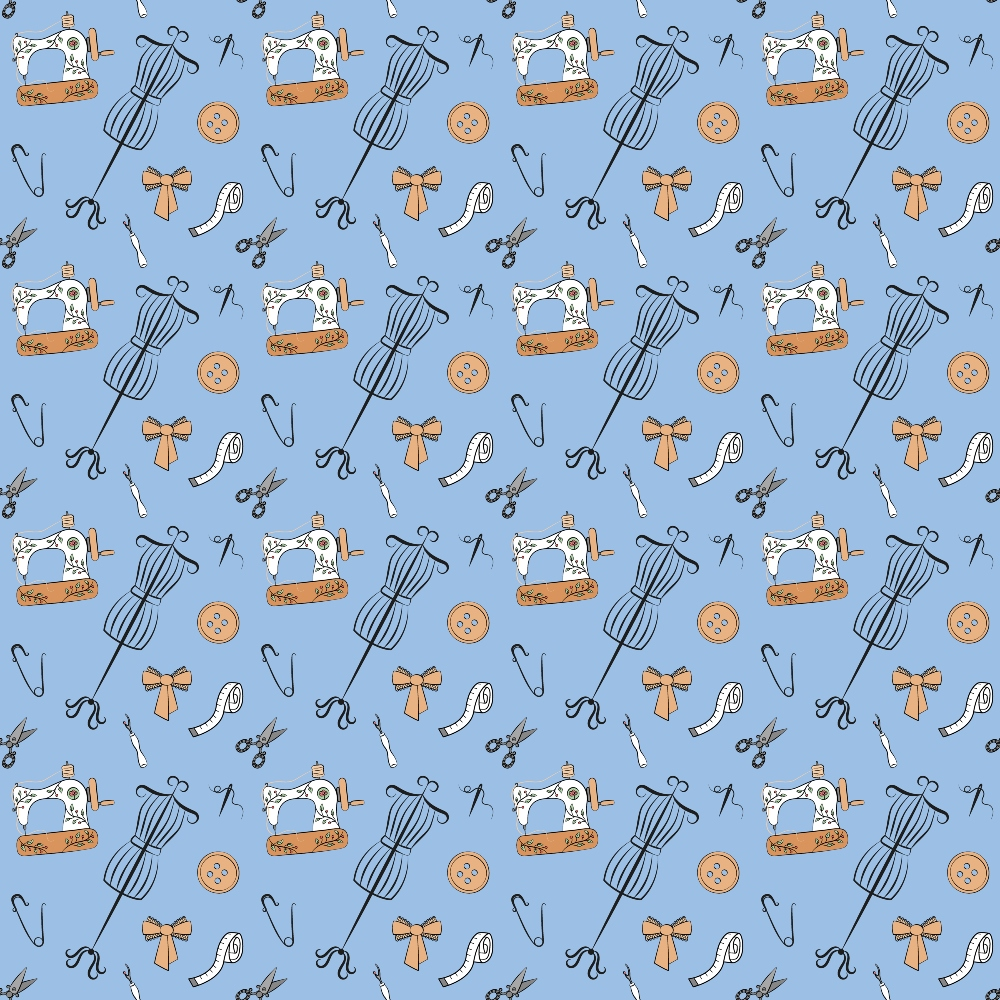 light blue background, sewing machine, yarn ball, scissors, safety pins, buttons, bow ties, measuring tape, sewing tools, craft supplies, quilting cotton, fabric panel, repeating pattern, vintage sewing, crafting theme, pastel colors, orange accents, white details, seamstress pattern, hobby fabric