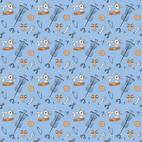 light blue background, sewing machine, yarn ball, scissors, safety pins, buttons, bow ties, measuring tape, sewing tools, craft supplies,, fabric panel, repeating pattern, vintage sewing, crafting theme, pastel colors, orange accents, white details, seamstress pattern, hobby fabric