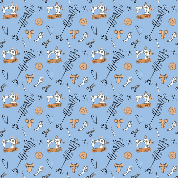 light blue background, sewing machine, yarn ball, scissors, safety pins, buttons, bow ties, measuring tape, sewing tools, craft supplies,, fabric panel, repeating pattern, vintage sewing, crafting theme, pastel colors, orange accents, white details, seamstress pattern, hobby fabric