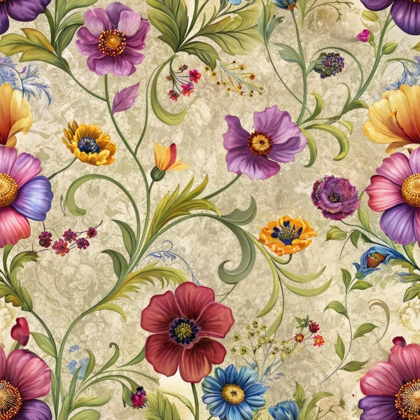 vintage florals,, fabric panel, purple flowers, orange blooms, red poppies, blue blossoms, yellow centers, green foliage, swirling vines, botanical pattern, floral motif, cosmos flowers, ornate scrollwork, beige background, colorful petals, garden flowers, decorative stems, antique style, seamless repeat