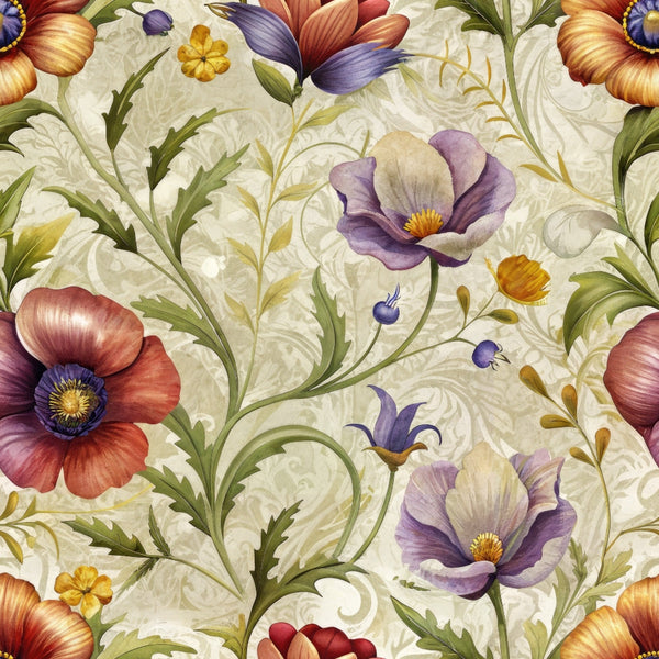 vintage florals,, fabric panel, purple flowers, coral poppies, orange blooms, cream background, botanical pattern, swirling vines, green foliage, yellow accents, floral motifs, ornate design, decorative scrollwork, nature inspired, cottage style, soft pastels, flowing stems, repeating pattern, intricate details