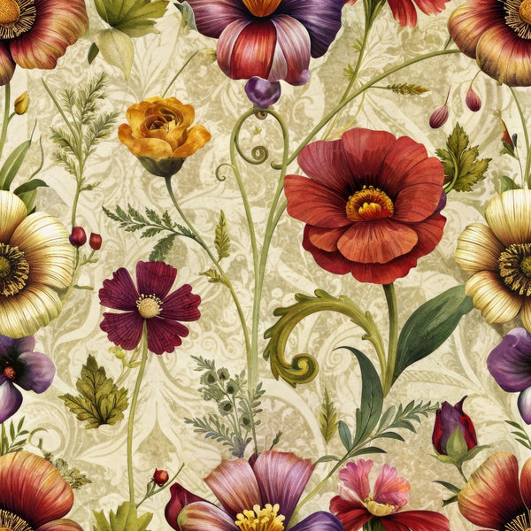 vintage florals, burgundy, coral, golden yellow, purple, cream background, botanical pattern, poppy flowers, ranunculus blooms, cosmos flowers, decorative leaves, curling vines, ornate scrollwork, romantic style,, fabric panel, layered petals, delicate stems, warm autumn tones, antique floral motifs