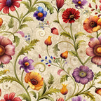 vintage florals,, fabric panel, botanical pattern, purple flowers, red blooms, orange poppies, yellow petals, green foliage, cream background, swirling vines, daisy chains, floral motifs, garden flowers, ornate scrollwork, decorative leaves, multi-colored blossoms, whimsical design, cottage style, seamless repeat