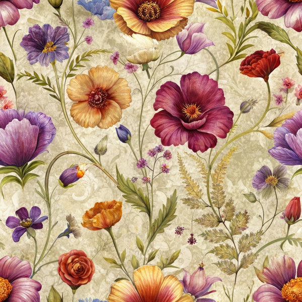 vintage florals, purple flowers, orange blooms, burgundy petals, cream background, botanical illustration, delicate stems, green foliage, watercolor style,, fabric panel, mixed blossoms, antique pattern, soft pastels, nature motif, floral arrangement, ornate design, garden flowers, decorative blooms