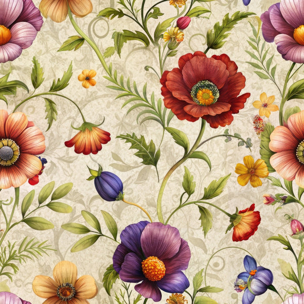 vintage florals,, fabric panel, botanical pattern, red poppies, purple flowers, orange blooms, yellow petals, green foliage, cream background, ornate scrollwork, decorative vines, floral motifs, botanical illustration, cottage garden, spring flowers, summer blooms, coordinating colors, nature inspired, seamless repeat