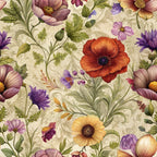 vintage florals, botanical pattern, purple flowers, orange poppies, yellow blooms, green foliage, cream background,, fabric panel, watercolor style, garden flowers, mixed blooms, ornate leaves, floral motifs, cottage core, nature inspired, soft pastels, repeating pattern, crafting fabric, sewing material