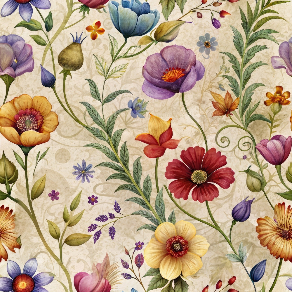 purple flowers, yellow blooms, red poppies, blue tulips, orange daisies, vintage floral, botanical pattern, wildflower meadow,, fabric panel, whimsical illustration, spring garden, mixed florals, cream background, delicate stems, nature motifs, cottage core, soft pastels, repeating design, crafting material