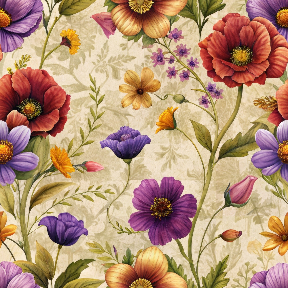 vintage florals, purple flowers, red poppies, orange blooms, coral petals, cream background, botanical pattern, wildflowers, cottage garden, hand-painted style,, fabric panel, floral motifs, green leaves, yellow centers, soft pastels, romantic florals, meadow flowers, decorative blooms