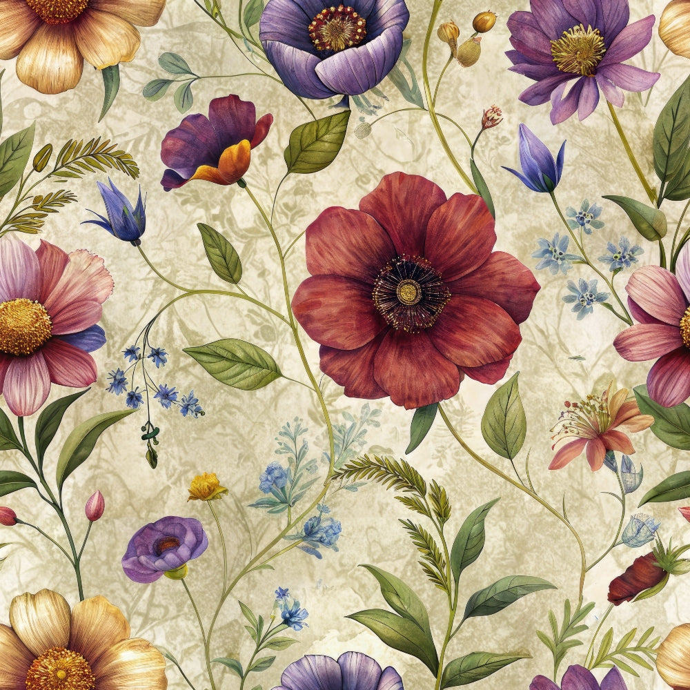 vintage florals, botanical pattern, burgundy flowers, purple blossoms, cream background, golden petals, green leaves, wildflowers, anemone blooms, delicate stems, watercolor style, romantic mood,, fabric panel, spring flowers, mixed blooms, natural elements, soft pastels, floral arrangement, vintage aesthetic