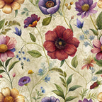 vintage florals, botanical pattern, burgundy flowers, purple blossoms, cream background, golden petals, green leaves, wildflowers, anemone blooms, delicate stems, watercolor style, romantic mood,, fabric panel, spring flowers, mixed blooms, natural elements, soft pastels, floral arrangement, vintage aesthetic