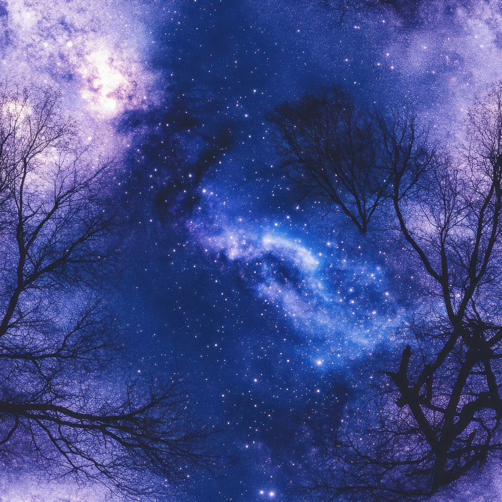 deep blue, purple, lavender, starry sky, aurora, nebula, cosmic clouds, bare trees, silhouettes, night scene, celestial, dreamy, mystical,, fabric panel, astronomy theme, winter trees, galaxy pattern, ethereal, space motif