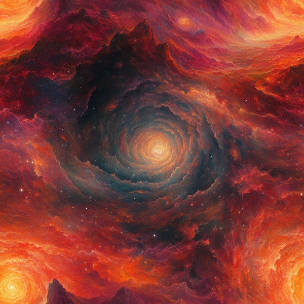 spiral galaxy, cosmic swirl, deep red, burnt orange, golden yellow, dark purple, celestial pattern, space nebula, astronomical design, starry field, cotton fabric, quilting panel, aurora colors, cosmic vortex, fiery hues, mystical atmosphere, universe theme, galactic spiral, dramatic lighting, celestial bodies