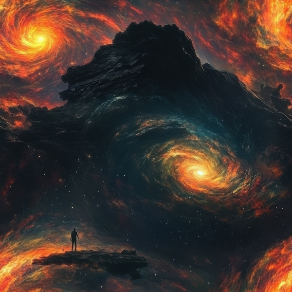 cosmic landscape, spiral galaxy, fiery nebula, orange flames, golden swirls, deep space, silhouette figure, rocky mountain, starry sky, celestial patterns, dramatic lighting, science fiction,, fabric panel, outer space theme, astronomical design, glowing center, dark silhouette, cosmic swirls, fantasy artwork