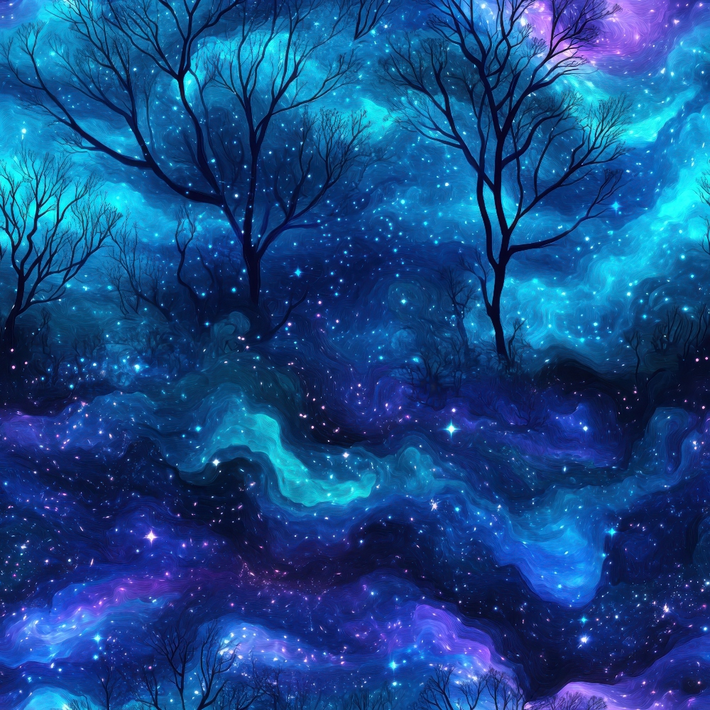 aurora borealis, starry night, deep blue, turquoise, purple, cosmic nebula, bare trees, silhouettes, celestial scene,, fabric panel, mystical atmosphere, northern lights, space theme, dreamy landscape, swirling clouds, twinkling stars, night sky, ethereal glow, winter trees
