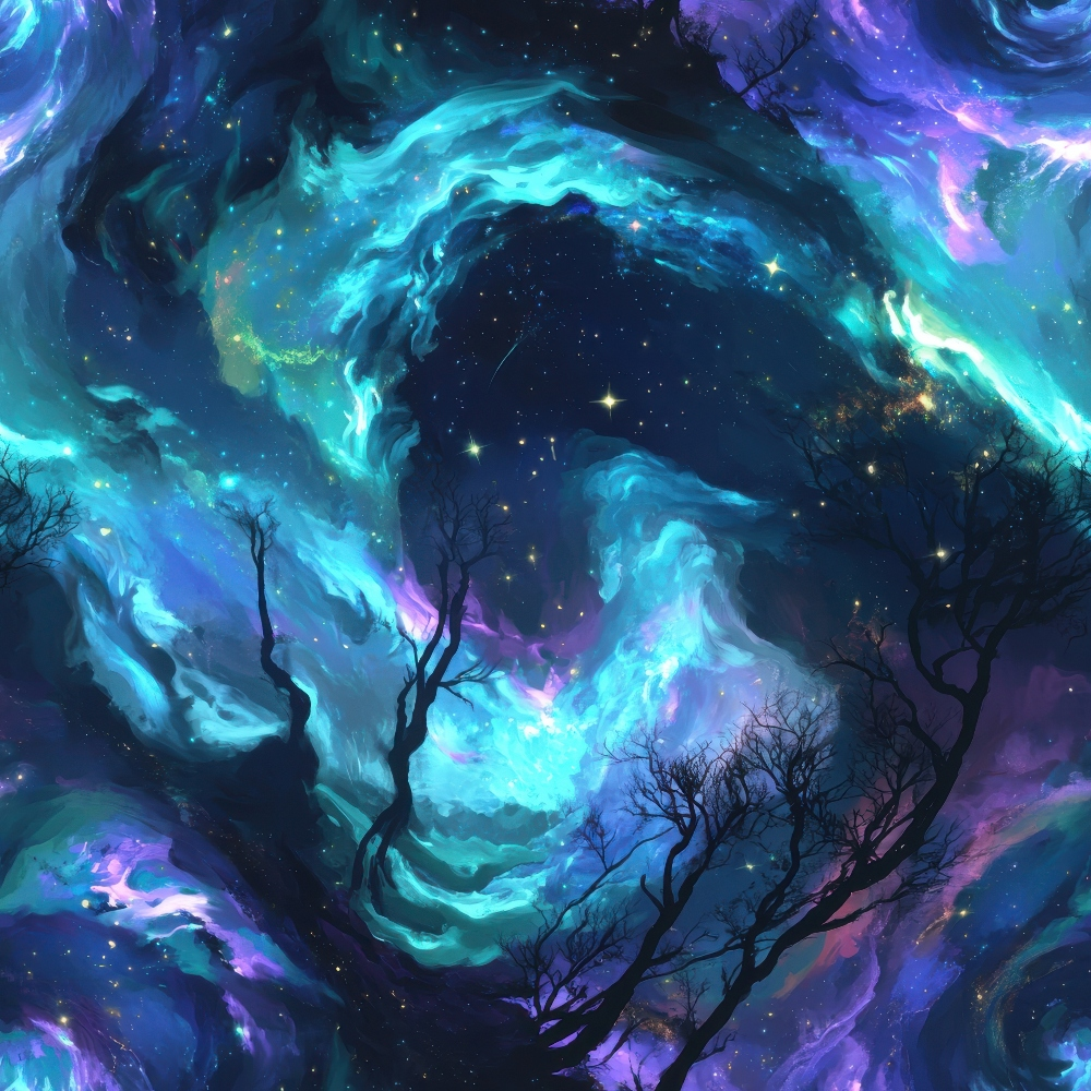 aurora borealis, starry night, cosmic swirls, teal blue, purple hues, celestial patterns, bare tree silhouettes, mystical atmosphere, dreamy landscape, northern lights,, fabric panel, space theme, ethereal glow, swirling nebula, dark branches, magical sky, turquoise streams, violet accents, celestial fabric