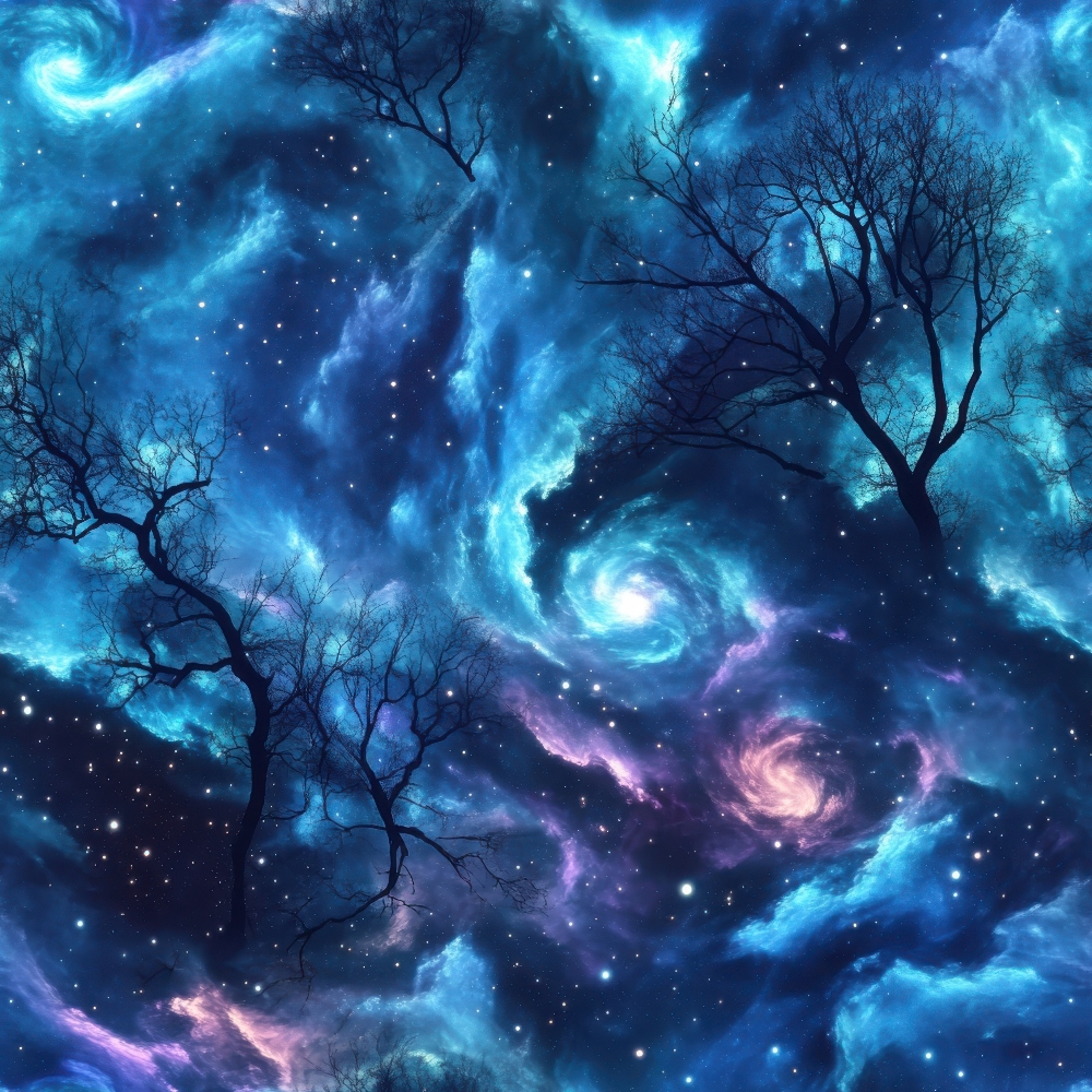 aurora borealis, starry night, cosmic sky, swirling galaxies, bare trees, silhouettes, deep blue, turquoise, purple, pink, celestial pattern, night scene, mystical atmosphere,, fabric panel, winter trees, spiral nebula, dreamy sky, astronomical design, ethereal lighting