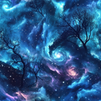 aurora borealis, starry night, cosmic sky, swirling galaxies, bare trees, silhouettes, deep blue, turquoise, purple, pink, celestial pattern, night scene, mystical atmosphere,, fabric panel, winter trees, spiral nebula, dreamy sky, astronomical design, ethereal lighting