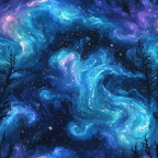 aurora borealis, starry night, deep blue, turquoise, purple, pink accents, swirling clouds, cosmic nebula, celestial scene, bare trees, silhouettes, dreamy atmosphere, mystical sky,, fabric panel, night sky, flowing patterns, ethereal glow, winter landscape, astronomical theme