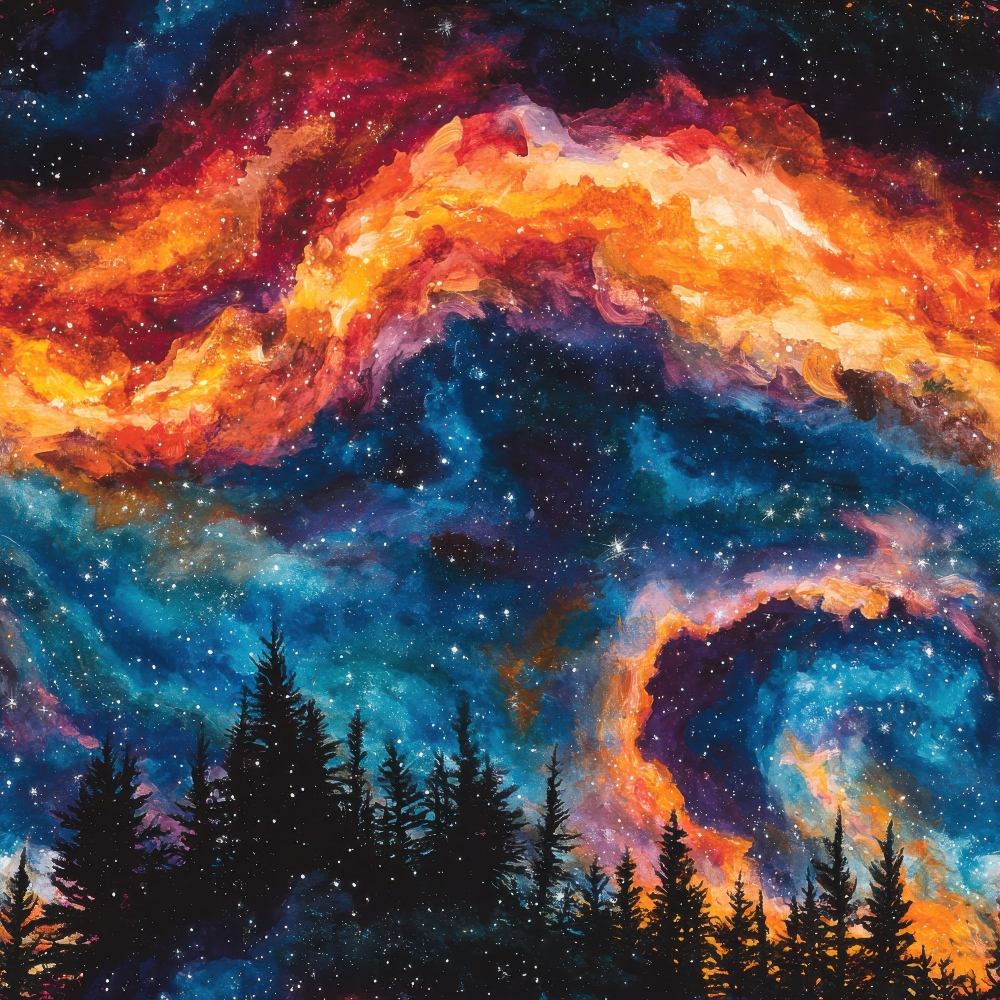 aurora borealis, starry night, deep blue, orange flames, red swirls, purple hues, evergreen trees, silhouette forest, cosmic sky, nebula colors,, fabric panel, celestial scene, northern lights, night sky, coniferous trees, fiery colors, space motif, astronomy theme, dramatic lighting