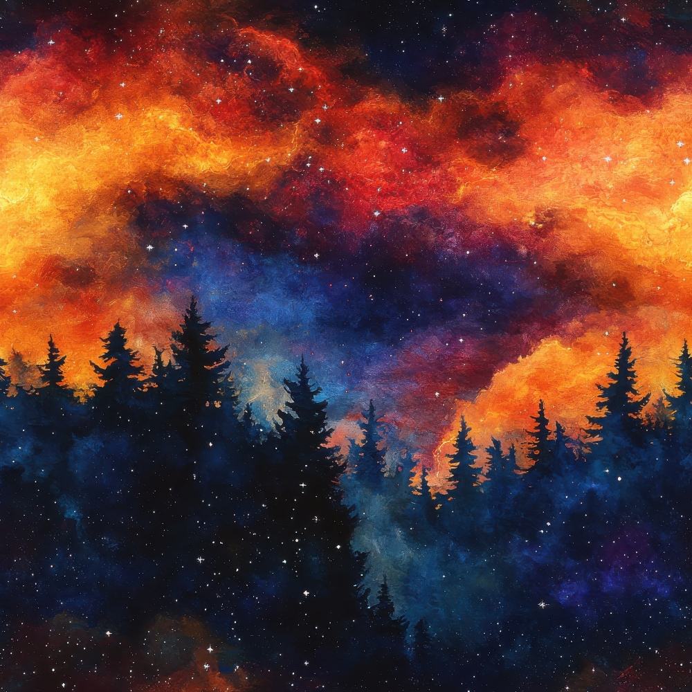 aurora borealis, starry night, evergreen trees, silhouettes, orange nebula, red cosmic clouds, blue galaxy, purple starfield, celestial scene, night sky, forest landscape,, fabric panel, cosmic colors, astronomical design, northern lights, coniferous trees, space themed, vibrant colors, dramatic sky