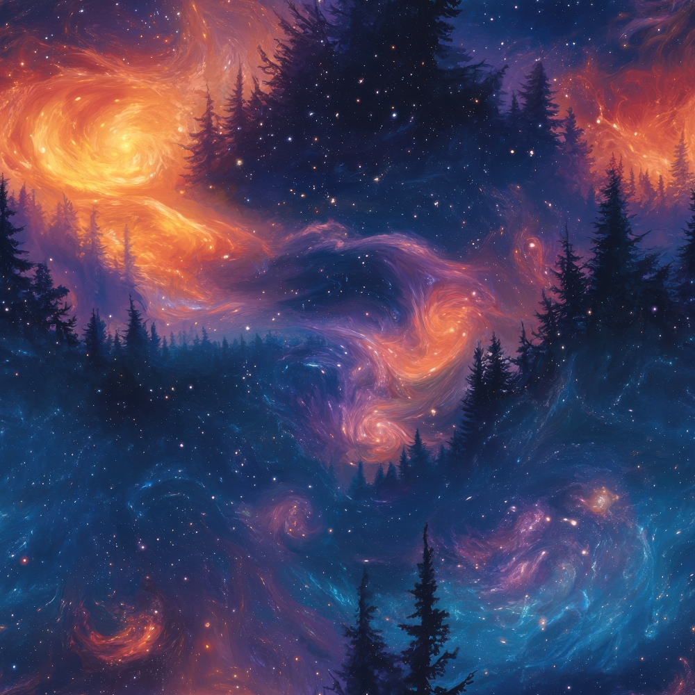 aurora borealis, starry night, deep blue, golden orange, purple, magenta, swirling patterns, cosmic nebula, evergreen trees, silhouettes, mystical atmosphere, celestial design,, fabric panel, dreamy mood, night sky, coniferous forest, ethereal glow, astronomical theme, northern lights