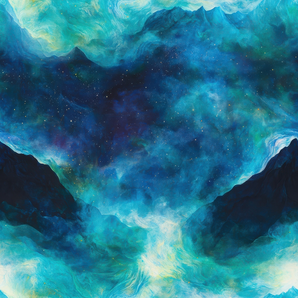 turquoise, teal, navy blue, emerald green, celestial, starry sky, aurora borealis, northern lights, cosmic clouds, swirling patterns, nebula design,, fabric panel, mystical atmosphere, dreamy景, space theme, flowing movement, luminous effects, night sky, ethereal design