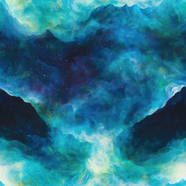 turquoise, teal, navy blue, emerald green, celestial, starry sky, aurora borealis, northern lights, cosmic clouds, swirling patterns, nebula design,, fabric panel, mystical atmosphere, dreamy景, space theme, flowing movement, luminous effects, night sky, ethereal design