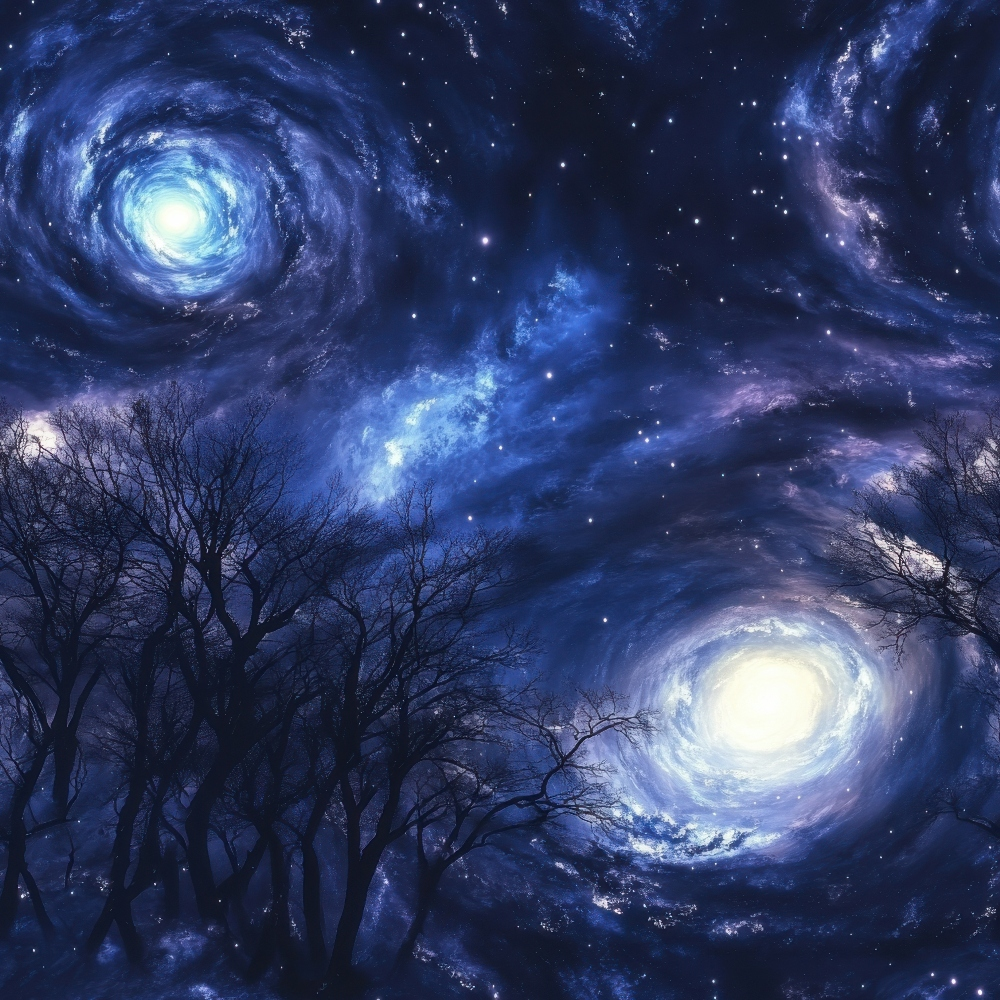 navy blue, deep blue, purple, white, celestial, spiral galaxies, swirling patterns, cosmic scene, starry sky, aurora borealis, bare trees, silhouettes, mystical atmosphere, dreamy, ethereal,, fabric panel, astronomy theme, night sky, luminous centers