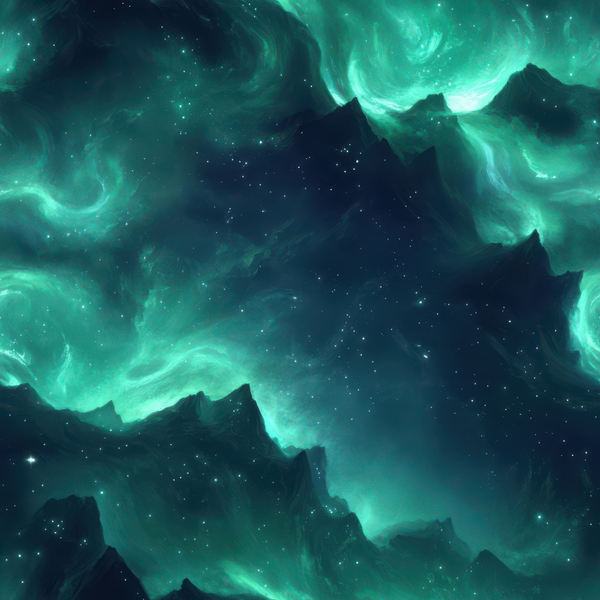 aurora borealis, northern lights, emerald green, teal, dark navy, starry sky, celestial pattern, mountain silhouettes, swirling lights, cosmic design, night sky,, fabric panel, mystical atmosphere, ethereal glow, dancing lights, astronomical theme, outdoor scene, luminous waves, winter sky