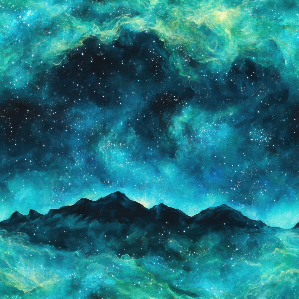 turquoise, teal, emerald green, navy blue, black, starry sky, nebula clouds, mountain silhouette, aurora borealis, cosmic swirls, celestial pattern, night sky scene, dreamy atmosphere, mystical mood,, fabric panel, space theme, astronomical design, flowing clouds, star field