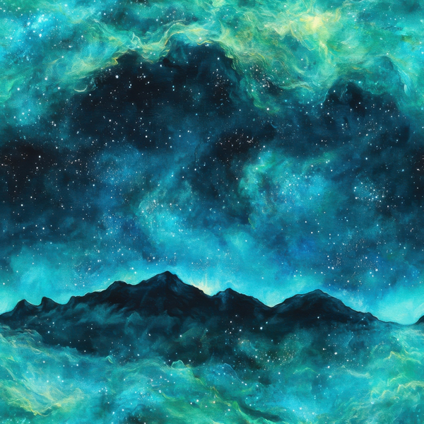 turquoise, teal, emerald green, navy blue, black, starry sky, nebula clouds, mountain silhouette, aurora borealis, cosmic swirls, celestial pattern, night sky scene, dreamy atmosphere, mystical mood,, fabric panel, space theme, astronomical design, flowing clouds, star field