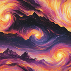 aurora borealis, starry night, swirling sky, mountain landscape, cosmic spiral, purple hues, orange flames, golden yellow, magenta clouds, celestial scene, van gogh inspired, dreamy atmosphere,, fabric panel, night sky, astronomical art, whirlpool patterns, mystical lighting, peaks silhouette, flowing energy