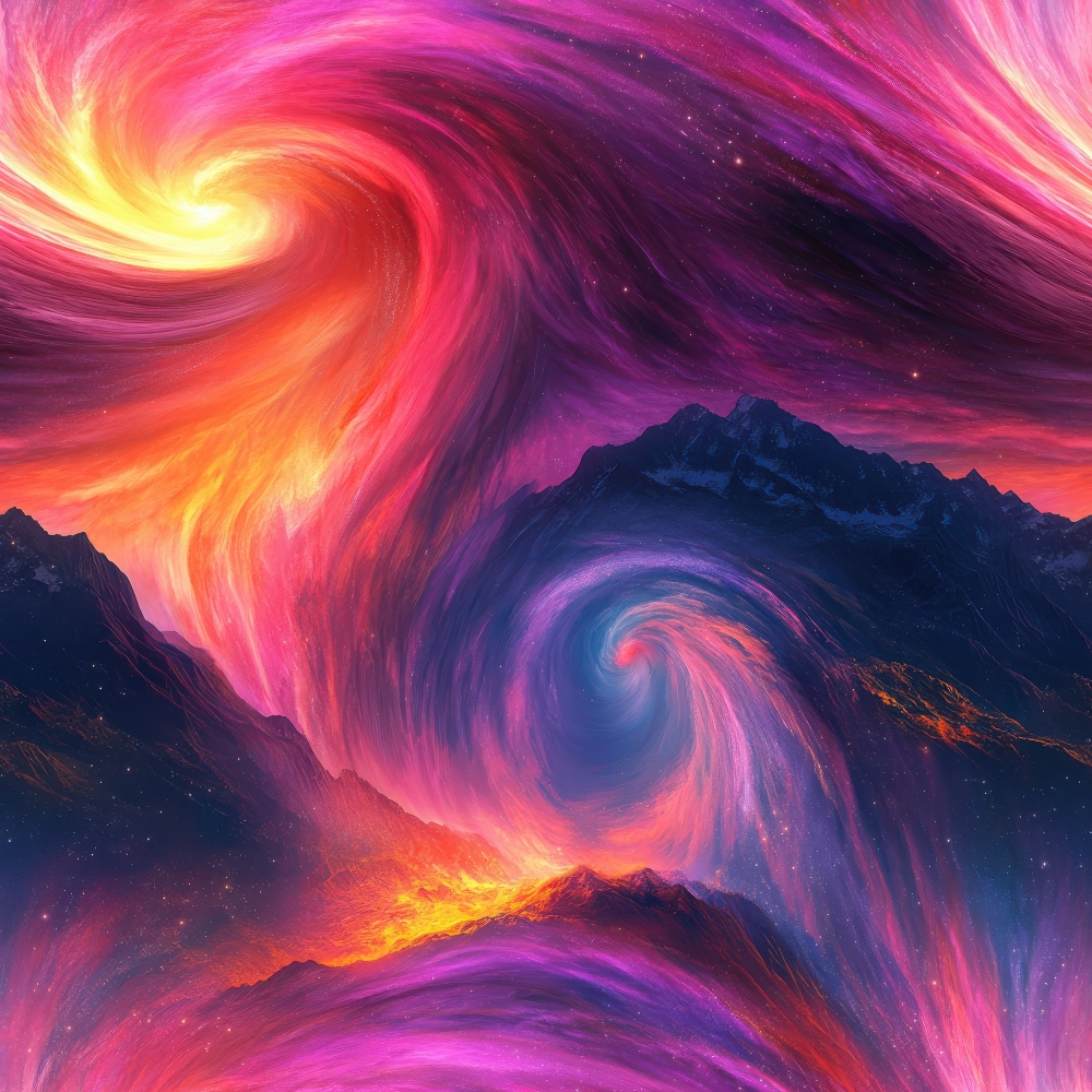 aurora borealis, swirling sky, mountain landscape, purple, magenta, orange, yellow, cosmic swirls, starry night, celestial pattern,, fabric panel, dreamy atmosphere, mystical sky, flowing energy, vibrant colors, northern lights, dramatic scenery, fantasy landscape