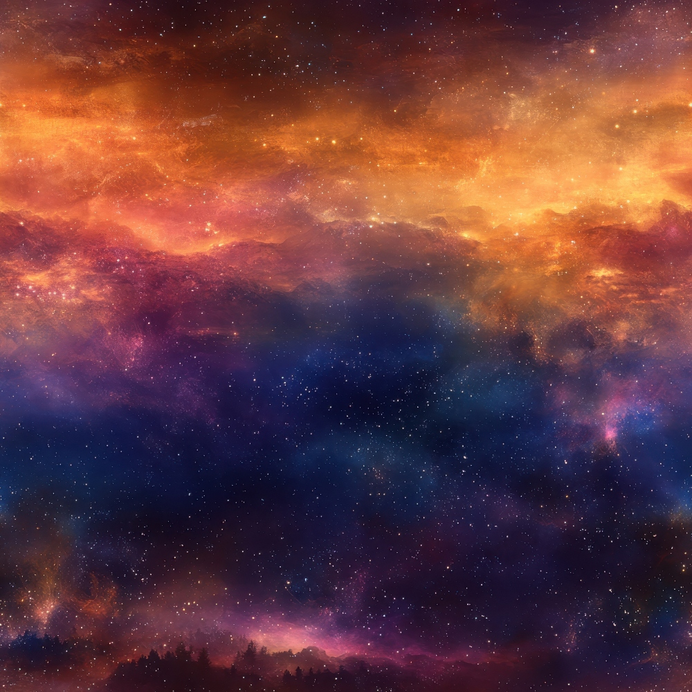 aurora borealis, starry night, cosmic clouds, deep purple, vibrant orange, magenta pink, navy blue, celestial pattern, space scene, nebula design,, fabric panel, dreamy atmosphere, night sky, stellar landscape, cosmic swirls, ethereal glow, astronomical theme, mystical mood, cotton fabric