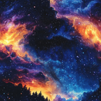 aurora borealis, starry night, cosmic sky, nebula clouds, deep blue, vibrant orange, golden yellow, purple hues, silhouette trees, evergreen forest, celestial scene, space theme, dreamy atmosphere, swirling patterns, cotton fabric, quilting panel, night sky, astronomical design, mystical mood, woodland silhouettes