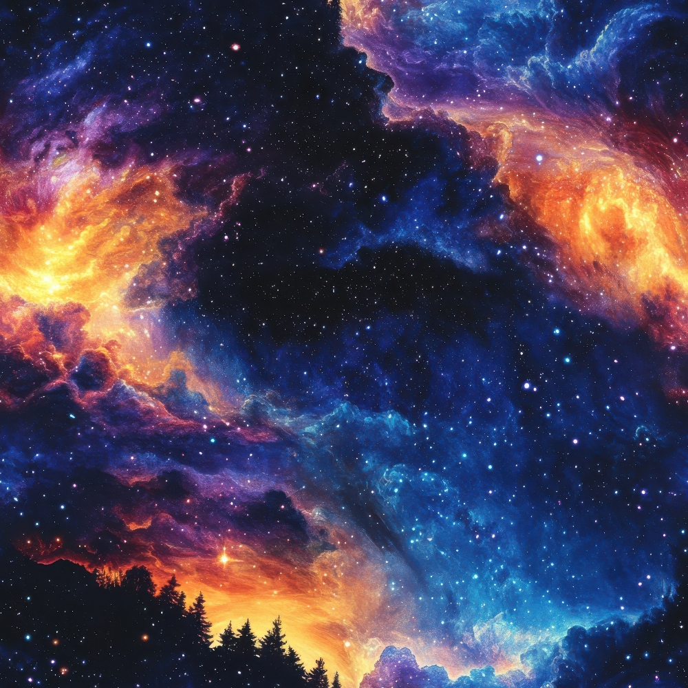 aurora borealis, starry night, cosmic sky, nebula clouds, deep blue, vibrant orange, golden yellow, purple hues, silhouette trees, evergreen forest, celestial scene, space theme, dreamy atmosphere, swirling patterns, cotton fabric, quilting panel, night sky, astronomical design, mystical mood, woodland silhouettes