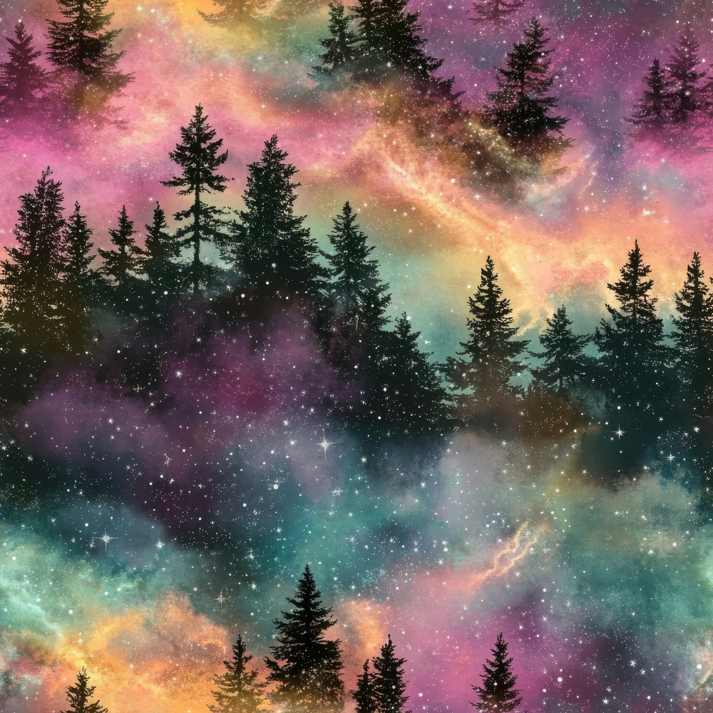 aurora borealis, starry night, evergreen trees, pine silhouettes, cosmic sky, purple hues, teal colors, pink nebula, orange gradient,, fabric panel, celestial pattern, northern lights, coniferous forest, dreamy atmosphere, space theme, galaxy design, mystical mood, nature scene