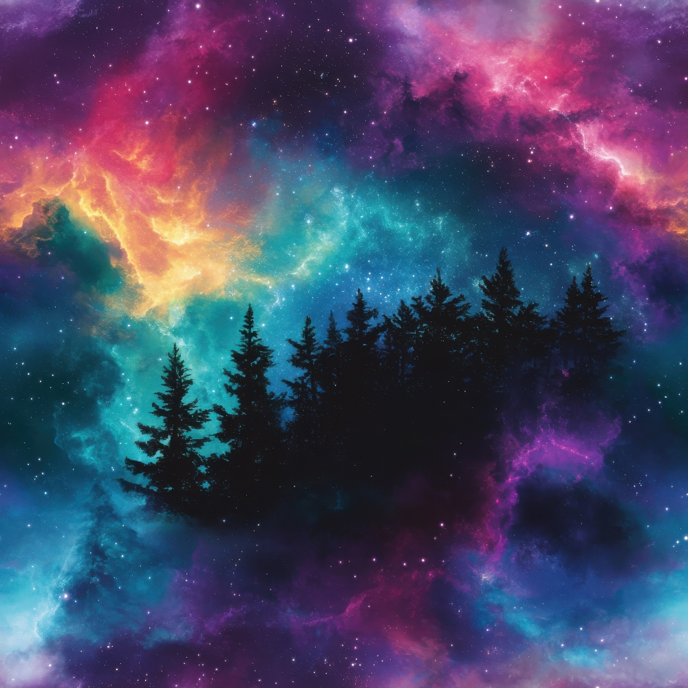 aurora borealis, starry night, purple sky, turquoise clouds, magenta nebula, yellow glow, silhouette trees, evergreen forest, cosmic landscape, celestial scene, dreamy atmosphere, mystical sky,, fabric panel, northern lights, space theme, night sky, vibrant colors, ethereal mood, astronomy design