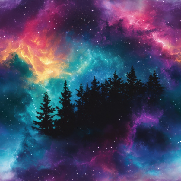 aurora borealis, starry night, purple sky, turquoise clouds, magenta nebula, yellow glow, silhouette trees, evergreen forest, cosmic landscape, celestial scene, dreamy atmosphere, mystical sky,, fabric panel, northern lights, space theme, night sky, vibrant colors, ethereal mood, astronomy design