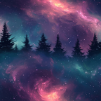 aurora borealis, starry night, evergreen trees, cosmic nebula, purple sky, pink clouds, teal accents, forest silhouettes, celestial pattern,, fabric panel, northern lights, space theme, dreamy atmosphere, coniferous trees, galaxy design, mystical sky, cotton fabric, night scene, astronomical motif