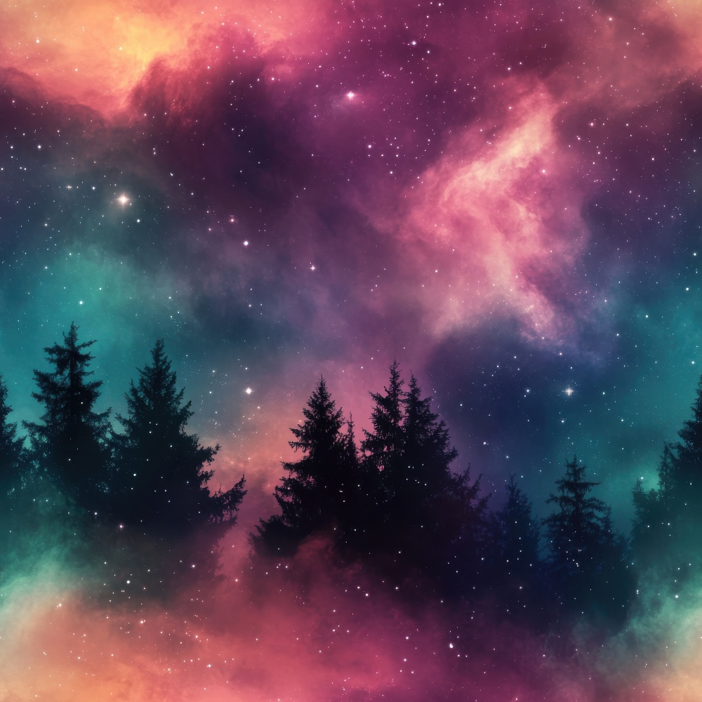 aurora borealis, starry night, evergreen trees, silhouettes, cosmic sky, purple hues, pink tones, turquoise blue, magenta clouds, celestial scene, northern lights, coniferous forest, dreamy atmosphere, mystical mood,, fabric panel, astronomical design, nebula colors, winter landscape, ethereal glow