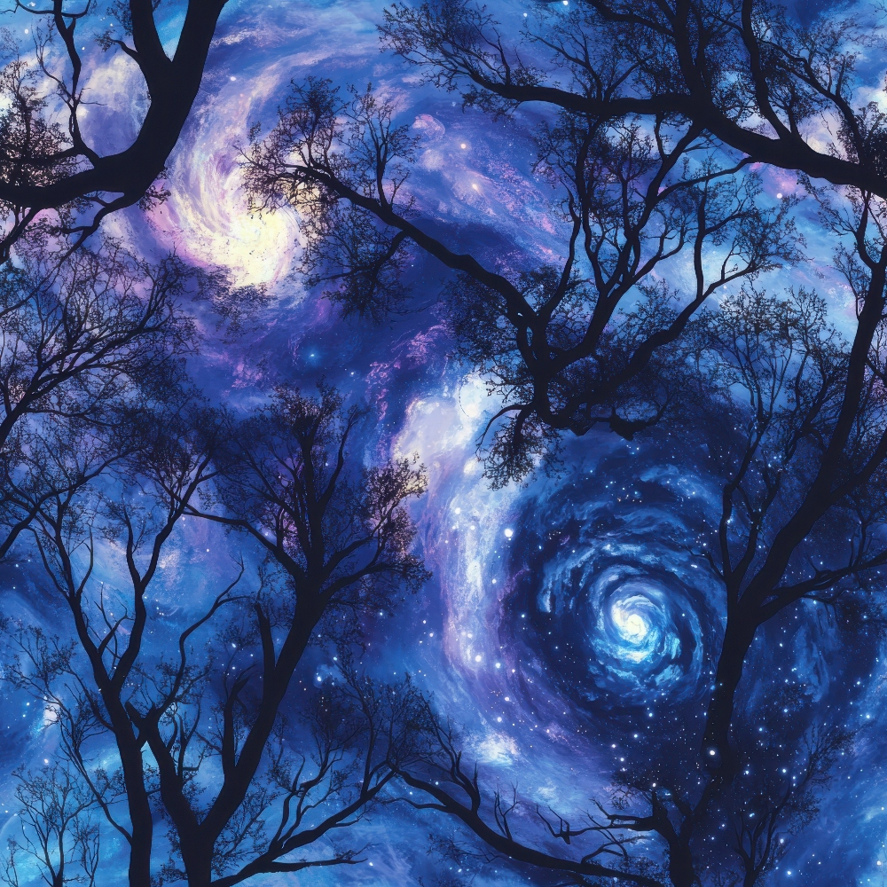 aurora, starry night, cosmic sky, deep blue, purple, violet, lavender, swirling galaxies, spiral nebula, bare trees, silhouettes, celestial scene, dreamy atmosphere, mystical mood,, fabric panel, night sky pattern, cosmic swirls, ethereal lighting, fantasy landscape