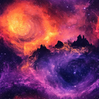 aurora borealis, starry night, cosmic nebula, purple, magenta, orange, yellow, deep blue, swirling clouds, mountain silhouettes, space scene, celestial patterns,, fabric panel, dreamy atmosphere, galaxy design, astronomical theme, vibrant colors, mystical landscape, cotton fabric