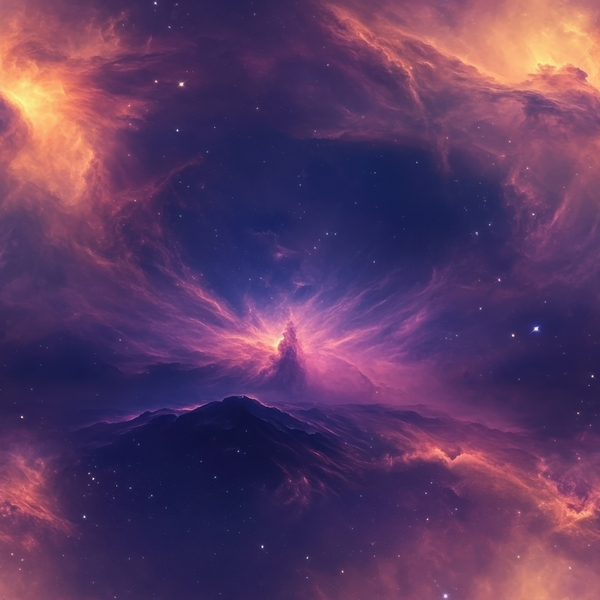 purple, magenta, orange, yellow, deep blue, starry night, aurora borealis, northern lights, cosmic clouds, nebula, celestial scene, space theme, mountain silhouette, glowing light, ethereal atmosphere,, fabric panel, mystical mood, galaxy pattern, astronomical design