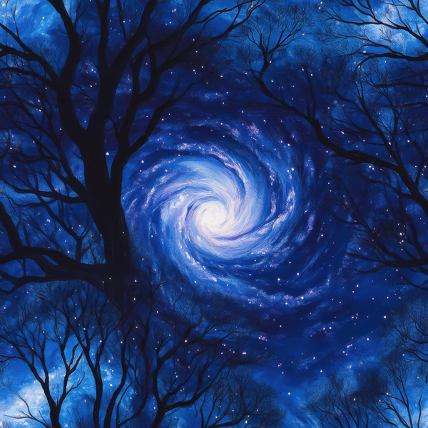 deep blue, navy blue, purple, white stars, spiral galaxy, swirling pattern, bare trees, silhouettes, night sky, cosmic, celestial, aurora, starry night, dreamy, mystical,, fabric panel, winter trees, astronomy, space theme