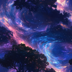 purple, blue, pink, cosmic, nebula, galaxy, starry sky, aurora borealis, swirling clouds, celestial, tree silhouettes, night scene, dreamy, mystical,, fabric panel, space theme, astronomical, luminous, ethereal