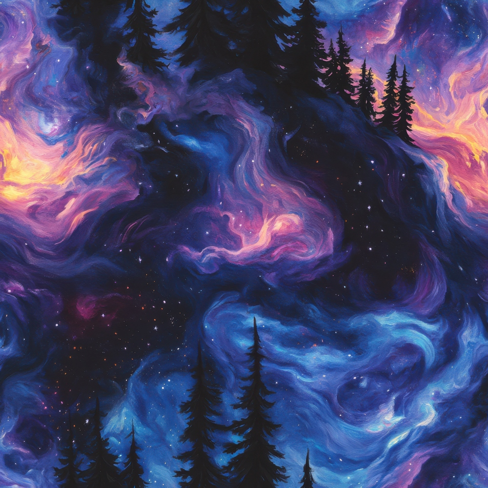 aurora borealis, starry night, deep purple, electric blue, magenta, golden yellow, swirling patterns, cosmic sky, evergreen trees, silhouette forest, mystical atmosphere, northern lights, celestial design,, fabric panel, dreamy mood, space theme, nature scene, flowing nebula, stellar pattern