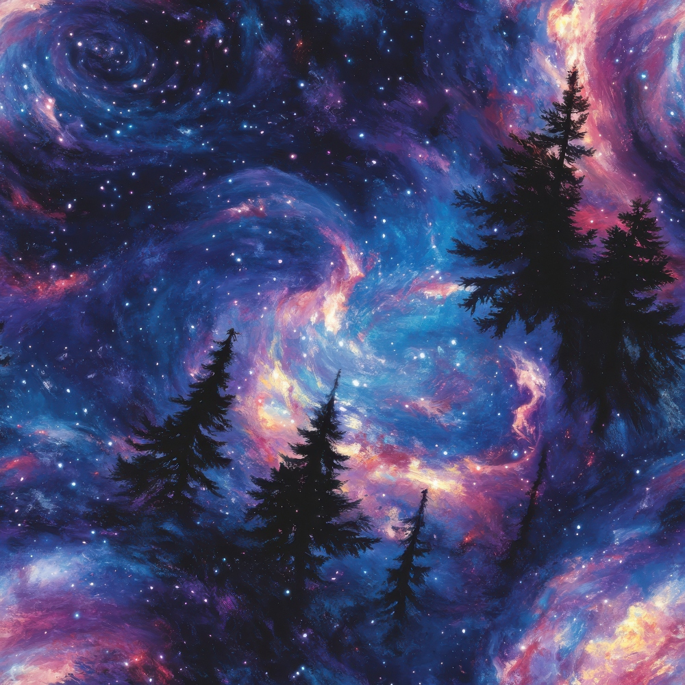 aurora borealis, starry night, cosmic nebula, deep purple, electric blue, magenta pink, golden yellow, swirling patterns, celestial scene, evergreen trees, silhouette forest, dreamy atmosphere, mystical sky,, fabric panel, space theme, night sky, winter landscape, artistic design, galaxy colors